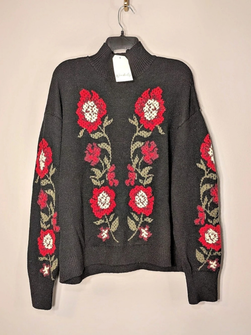 Wonderly Floral Intarsia Knit Mock Neck Pullover Sweater XL NWT Red Green Black